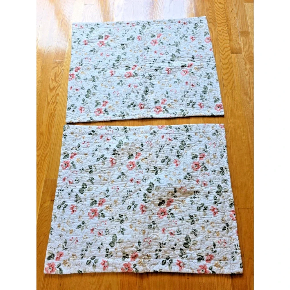 Laura Ashley VTG Quilted Shams Pink Yellow Green Gingham Floral Cottage Set